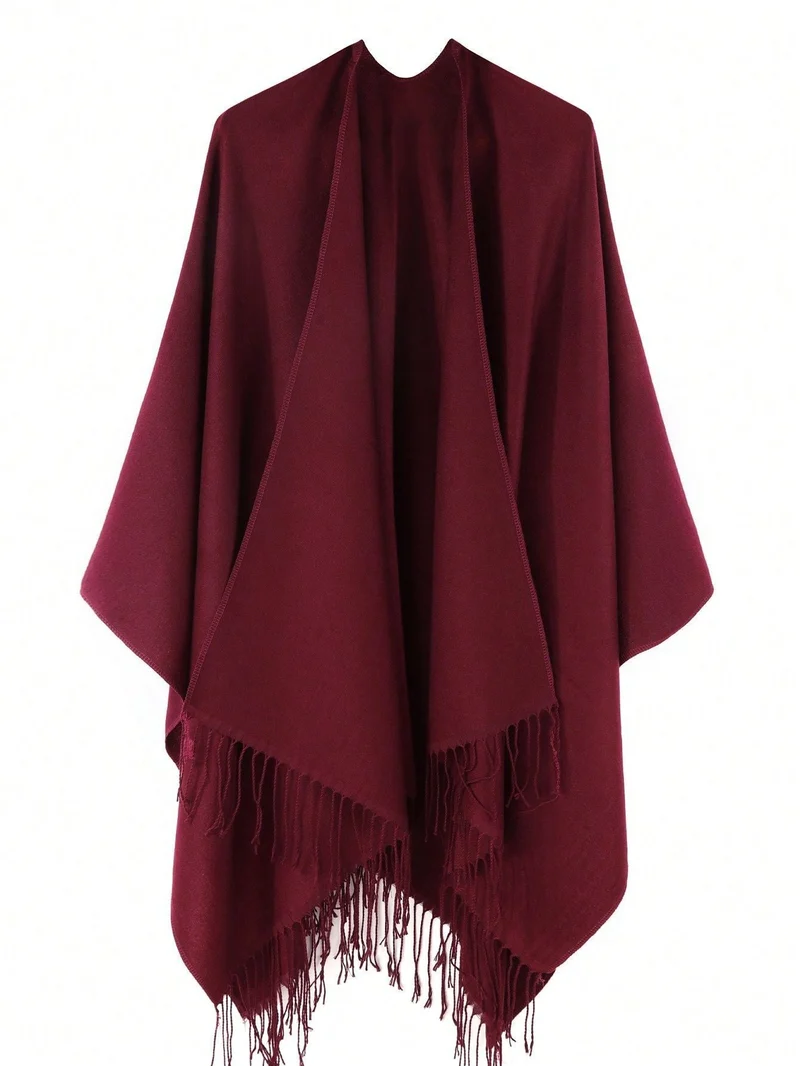 Damen Modischer Fransen-Poncho Aus Weichem Material mit Luxuriösem Fall