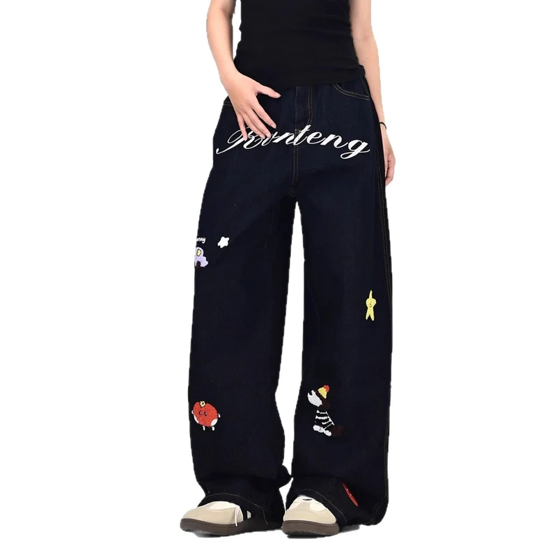 Damen Weitgeschnittene Kostümjeans mit buntem Stickdesign Nord Taschen