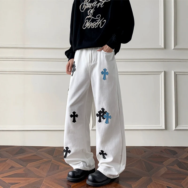 Damen Weitgeschnittene Denim-Hose mit kreativem Kreuzdesign Nord Taschen