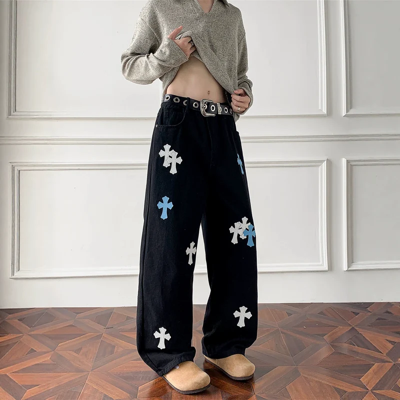Damen Weitgeschnittene Denim-Hose mit kreativem Kreuzdesign Nord Taschen