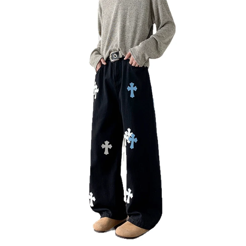 Damen Weitgeschnittene Denim-Hose mit kreativem Kreuzdesign Nord Taschen