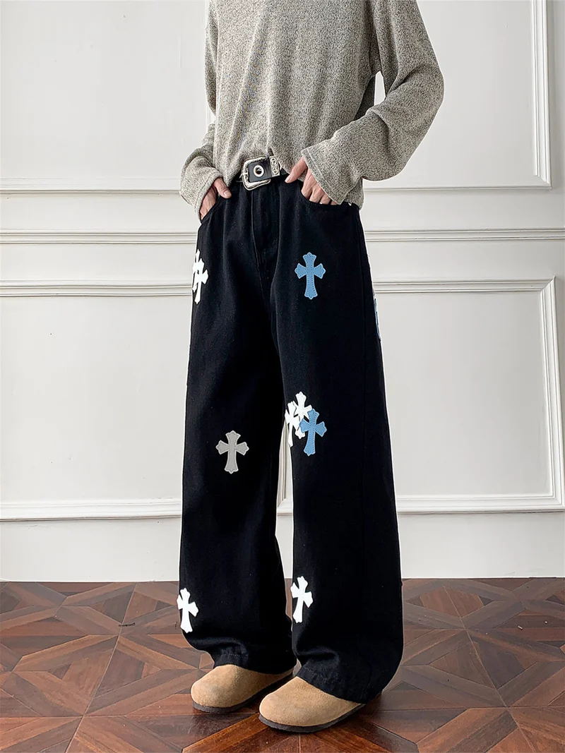 Damen Weitgeschnittene Denim-Hose mit kreativem Kreuzdesign Nord Taschen