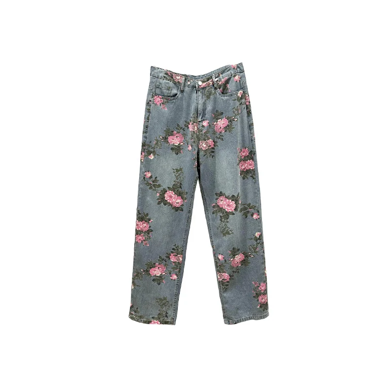 Damen Weitgeschnittene Blumen-Cargo-Jeans Nord Taschen