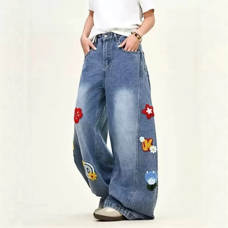 Damen Weitgeschnittene Blumen-Applikationen Jeans Nord Taschen