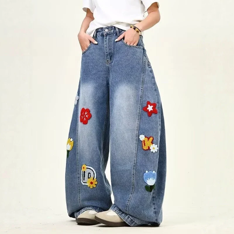 Damen Weitgeschnittene Blumen-Applikationen Jeans Nord Taschen