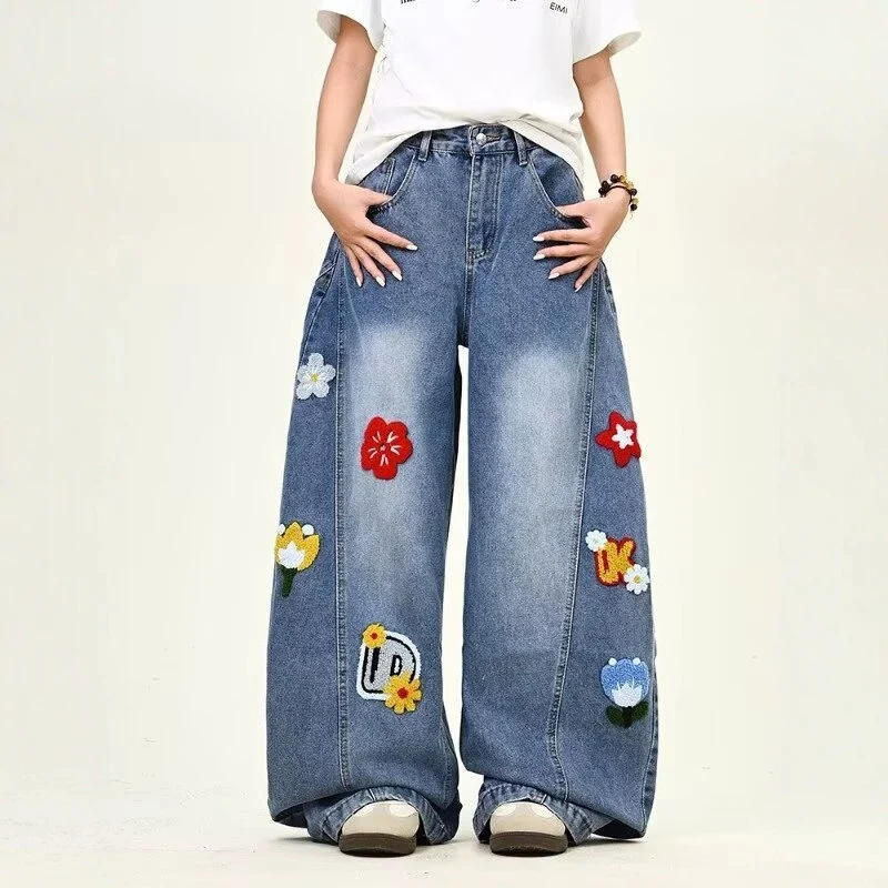 Damen Weitgeschnittene Blumen-Applikationen Jeans Nord Taschen