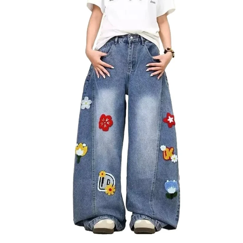 Damen Weitgeschnittene Blumen-Applikationen Jeans Nord Taschen