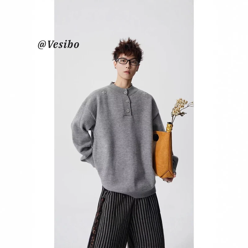 Damen Modischer Oversized Pullover mit Knopfleiste Nord Taschen