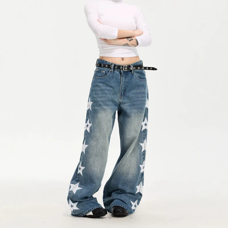 Damen Modische Weitgeschnittene Jeans mit Sternen-Design Nord Taschen