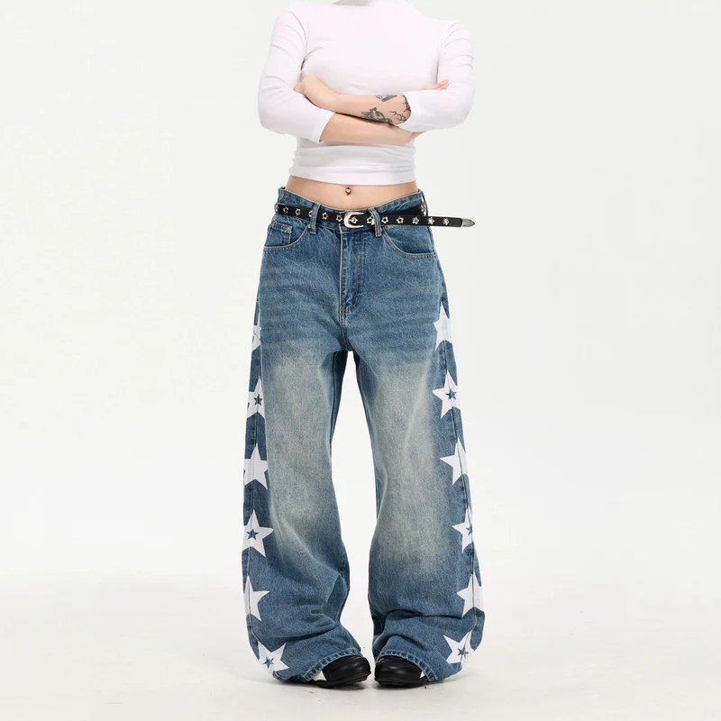 Damen Modische Weitgeschnittene Jeans mit Sternen-Design Nord Taschen