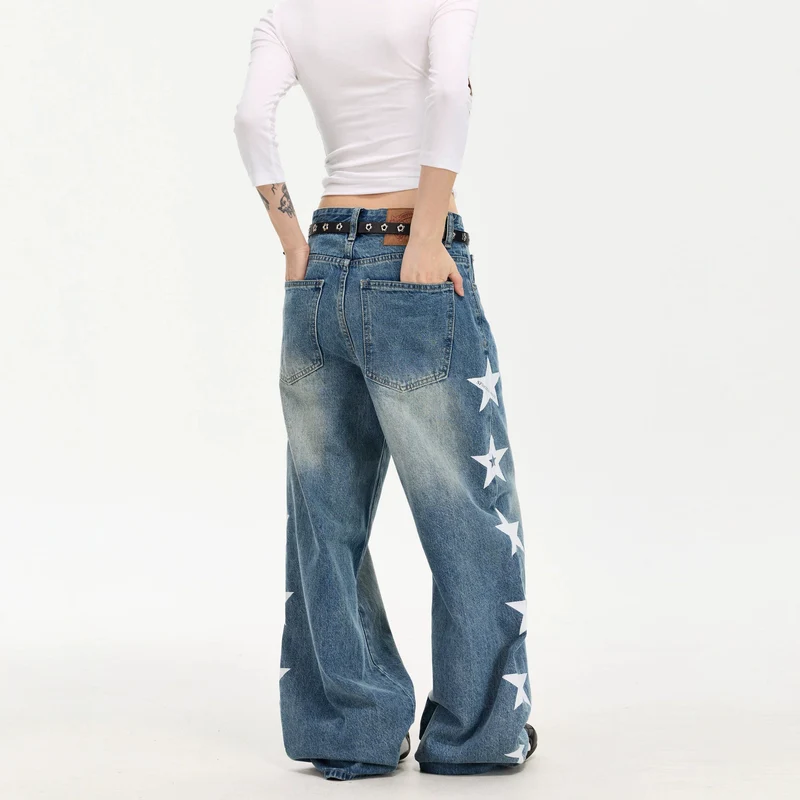 Damen Modische Weitgeschnittene Jeans mit Sternen-Design Nord Taschen