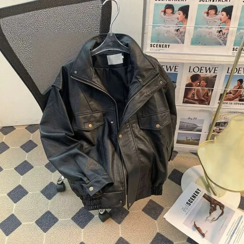 Damen Modische Kunstlederjacke mit hohem Kragen Nord Taschen