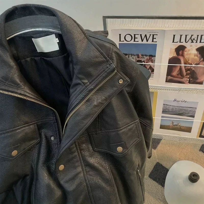 Damen Modische Kunstlederjacke mit hohem Kragen Nord Taschen