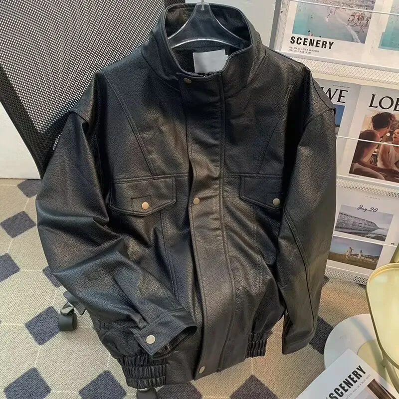 Damen Modische Kunstlederjacke mit hohem Kragen Nord Taschen