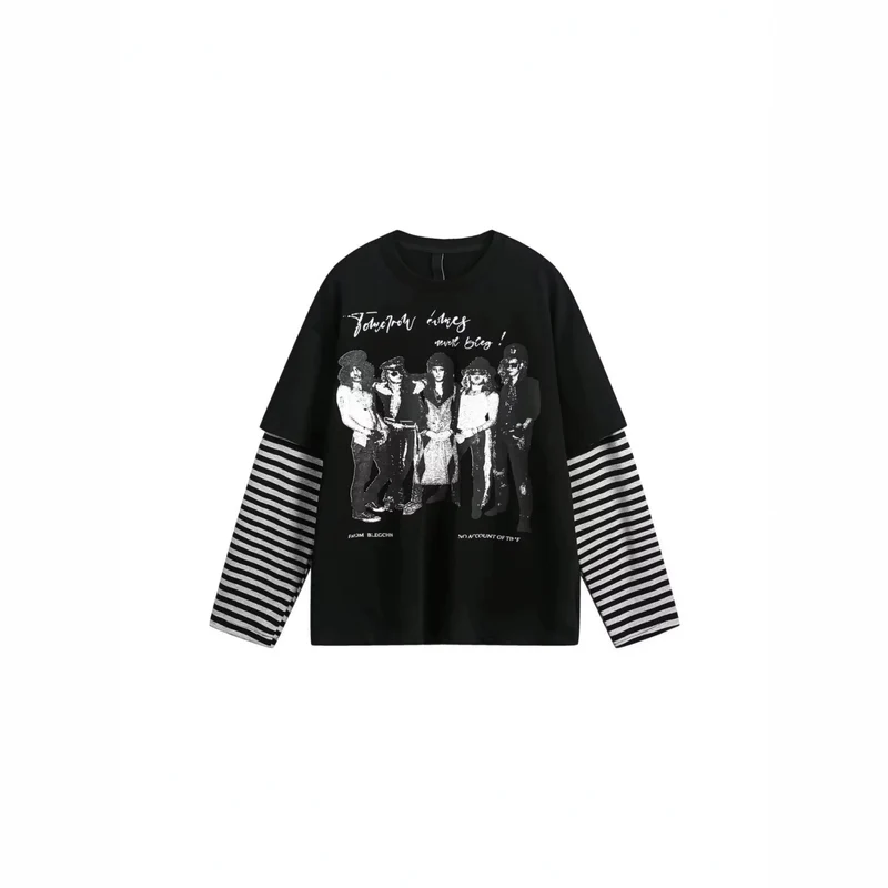 Damen Lässiges Oversized T-Shirt mit gestreiften Ärmeln Nord Taschen
