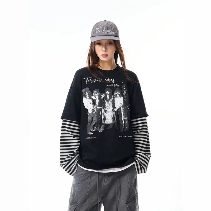 Damen Lässiges Oversized T-Shirt mit gestreiften Ärmeln Nord Taschen