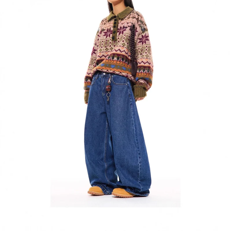 Damen Gemusterter Pullover mit Knopfleiste Nord Taschen