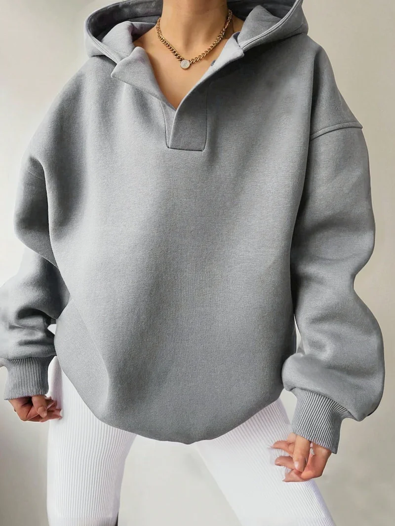 Damen Kapuzensweater mit übergroßem Schnitt und V-Ausschnitt