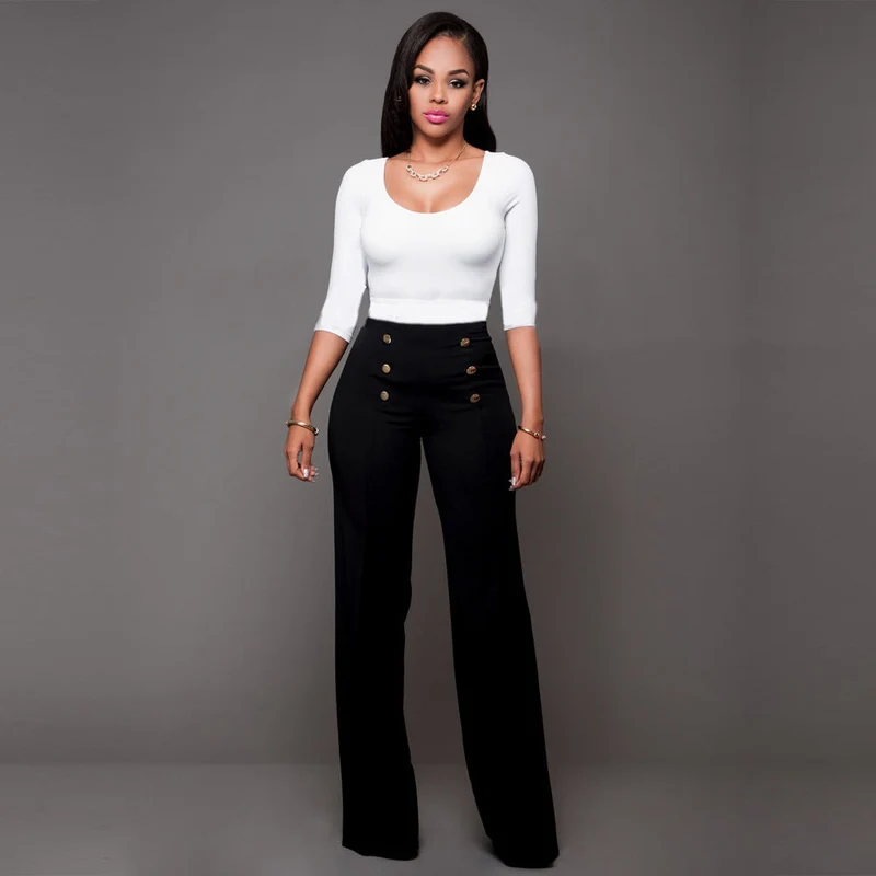 Damen hochtaillierte Palazzo-Hose mit dekorativen Knopfdetails