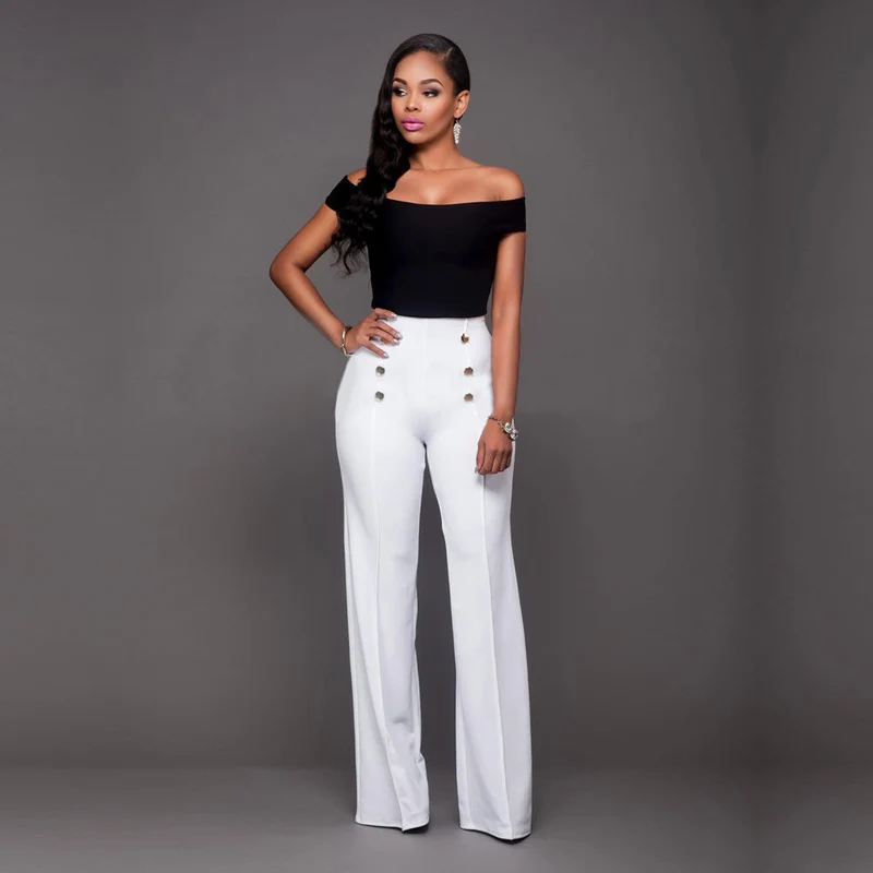 Damen hochtaillierte Palazzo-Hose mit dekorativen Knopfdetails