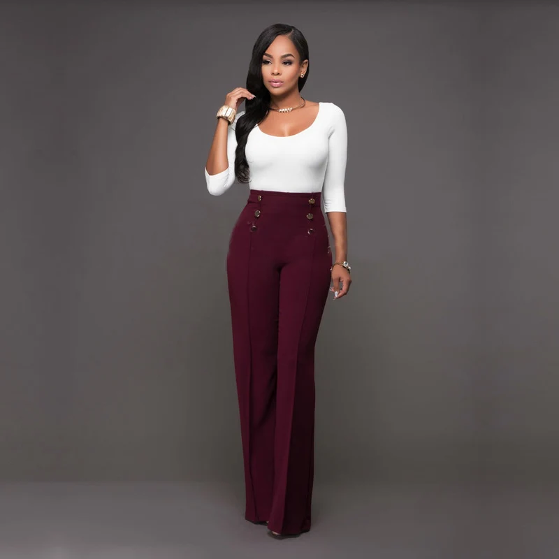 Damen hochtaillierte Palazzo-Hose mit dekorativen Knopfdetails