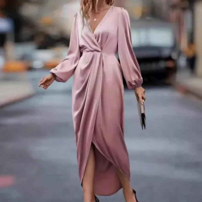 Damen nan elegantes Satin-Midikleid mit Twist-Taille V-Ausschnitt und Ballonärmeln