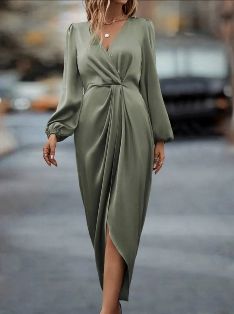 Damen nan elegantes Satin-Midikleid mit Twist-Taille V-Ausschnitt und Ballonärmeln