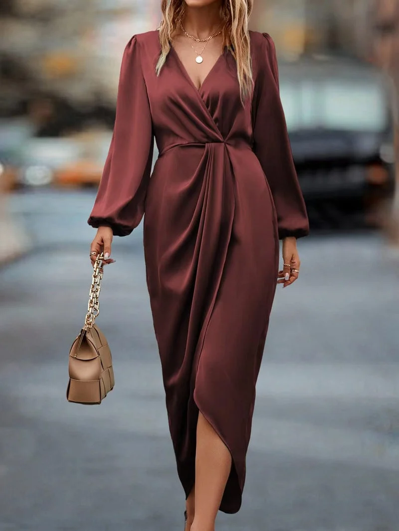 Damen nan elegantes Satin-Midikleid mit Twist-Taille V-Ausschnitt und Ballonärmeln