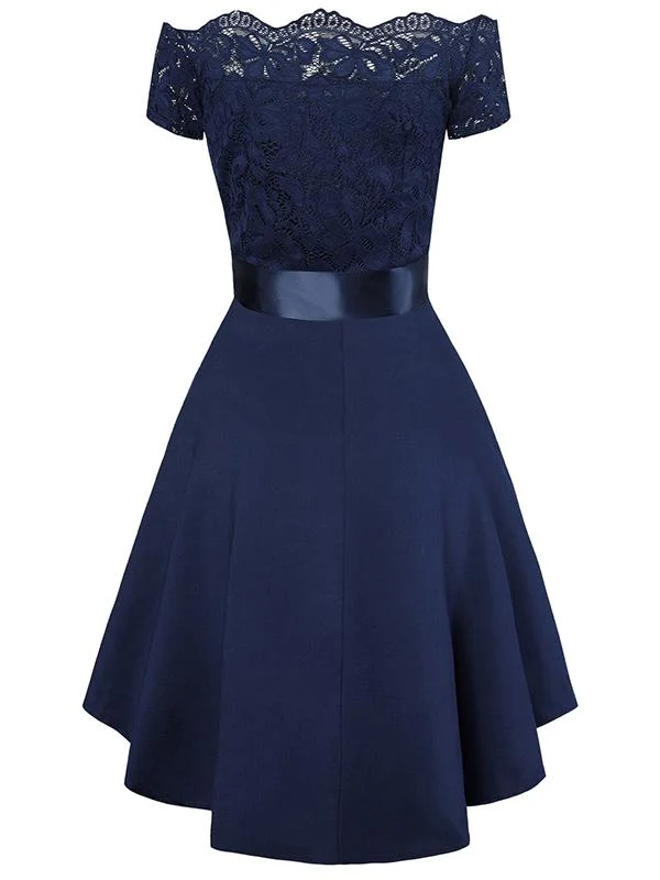 Midikleid mit Spitze, kurze Vorderseite, langer Rücken, eleganter Cocktail-Skater