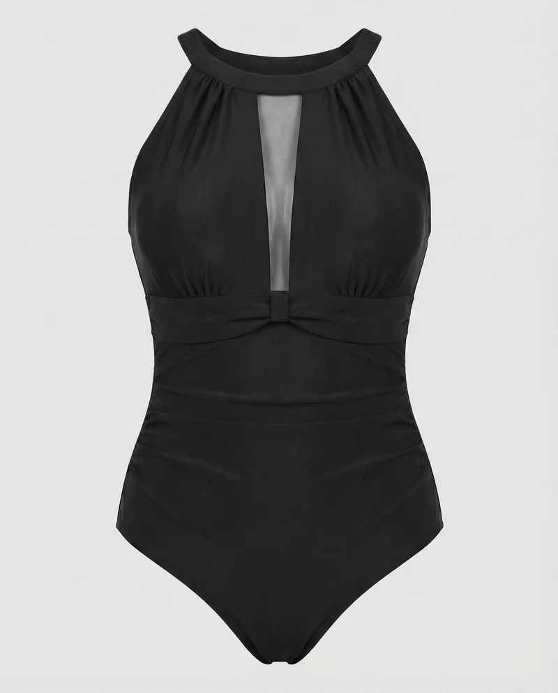 Damen Shapewear-Badeanzug Mesh-Mittelsteg Taillen-Raffung High-Neck