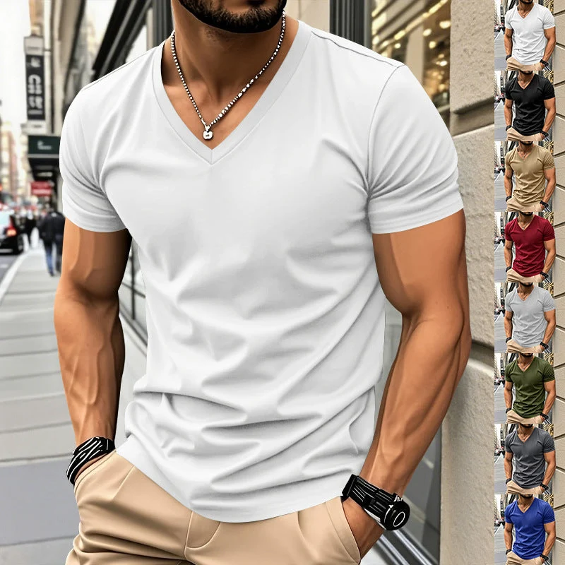 Herren nan klassisches V-Ausschnitt T-Shirt aus feinem Baumwolljersey mit verstärktem Nackenband und Doppelnaht Nord Taschen