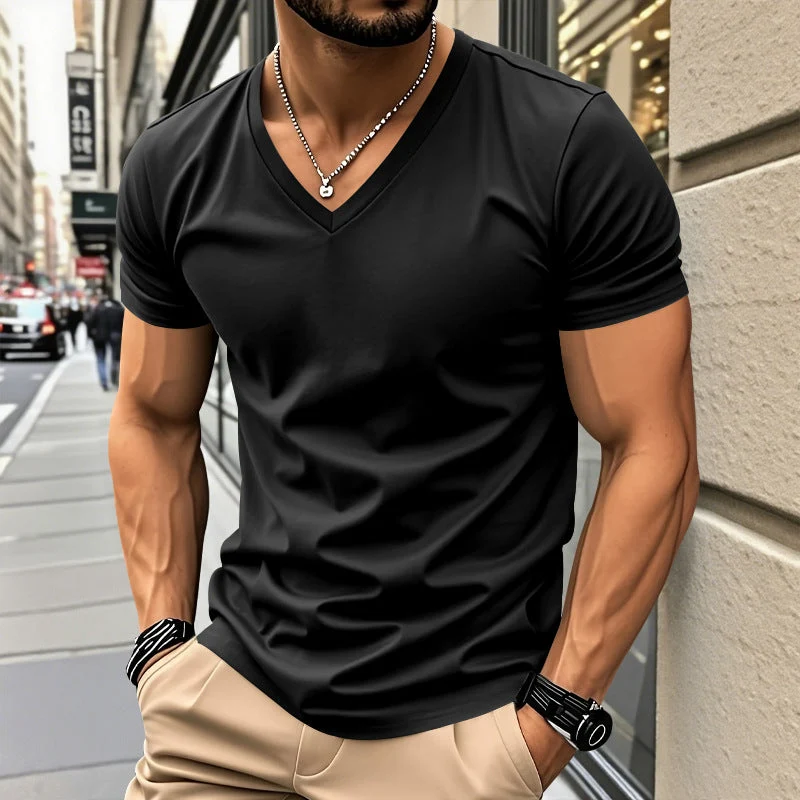 Herren nan klassisches V-Ausschnitt T-Shirt aus feinem Baumwolljersey mit verstärktem Nackenband und Doppelnaht Nord Taschen