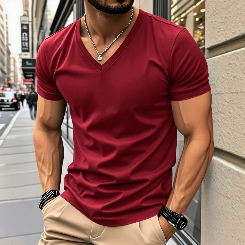 Herren nan klassisches V-Ausschnitt T-Shirt aus feinem Baumwolljersey mit verstärktem Nackenband und Doppelnaht Nord Taschen