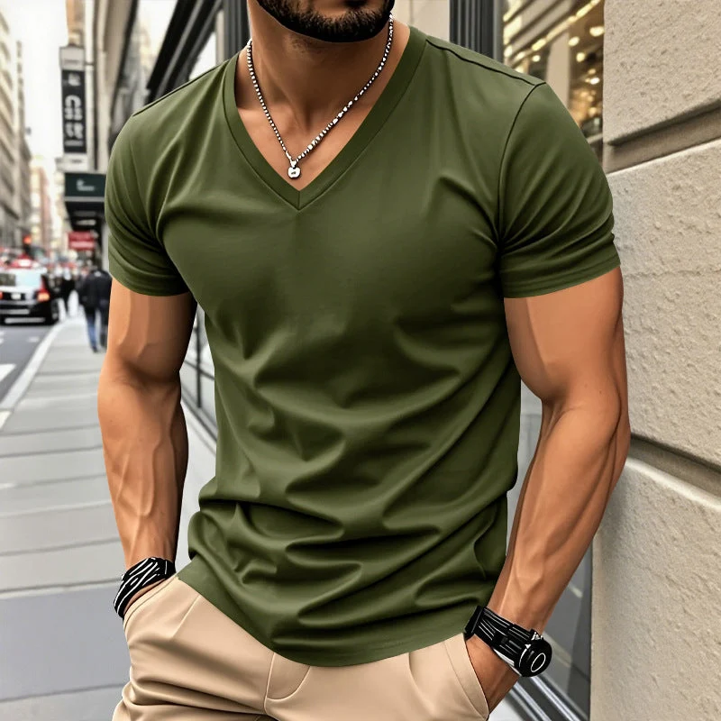 Herren nan klassisches V-Ausschnitt T-Shirt aus feinem Baumwolljersey mit verstärktem Nackenband und Doppelnaht Nord Taschen