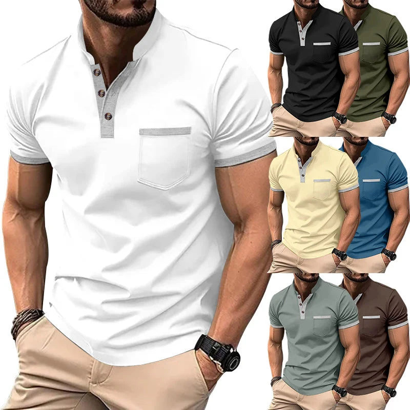 Herren Kurzarm-Henley-T-Shirt mit Button-Down-Kragen und Brusttasche Nord Taschen