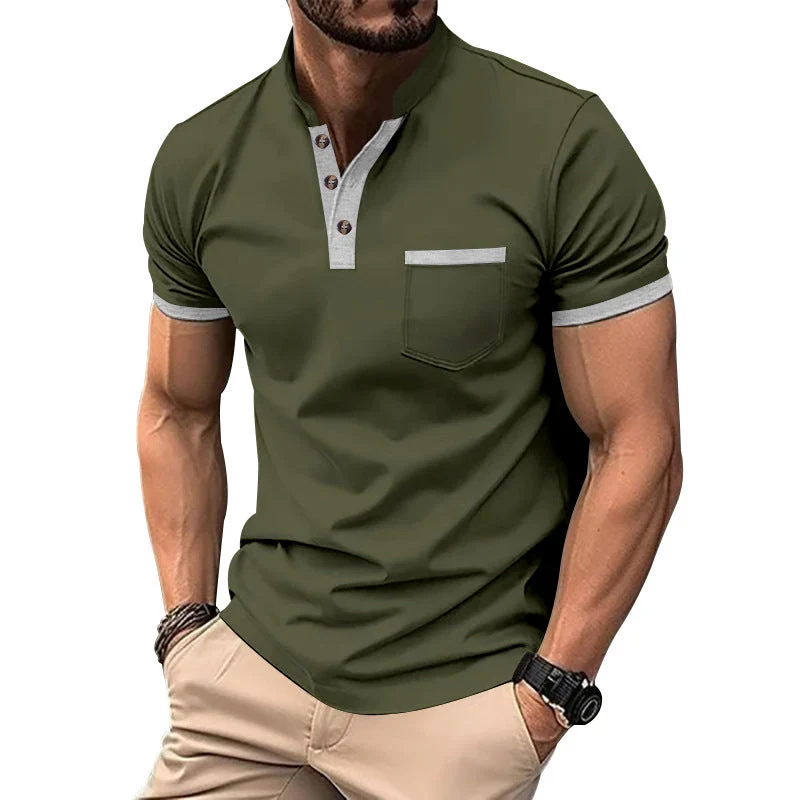 Herren Kurzarm-Henley-T-Shirt mit Button-Down-Kragen und Brusttasche Nord Taschen