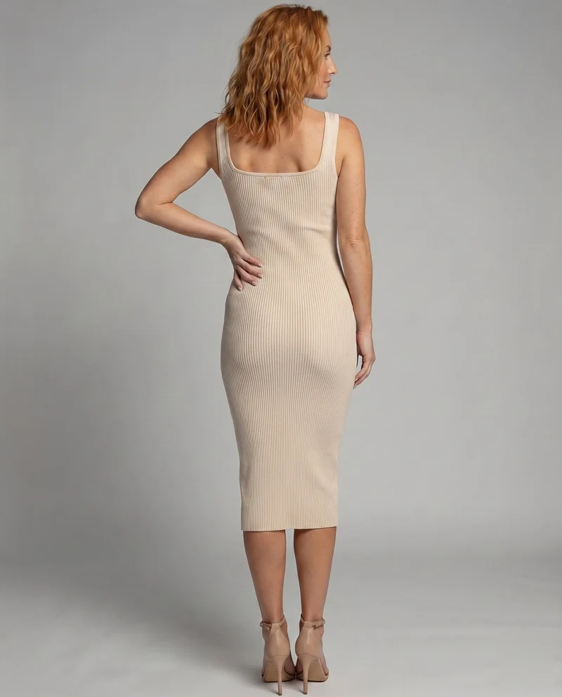 Damen Rippstrick-Midikleid Formende Passform Breite Träger Quadrat-Ausschnitt