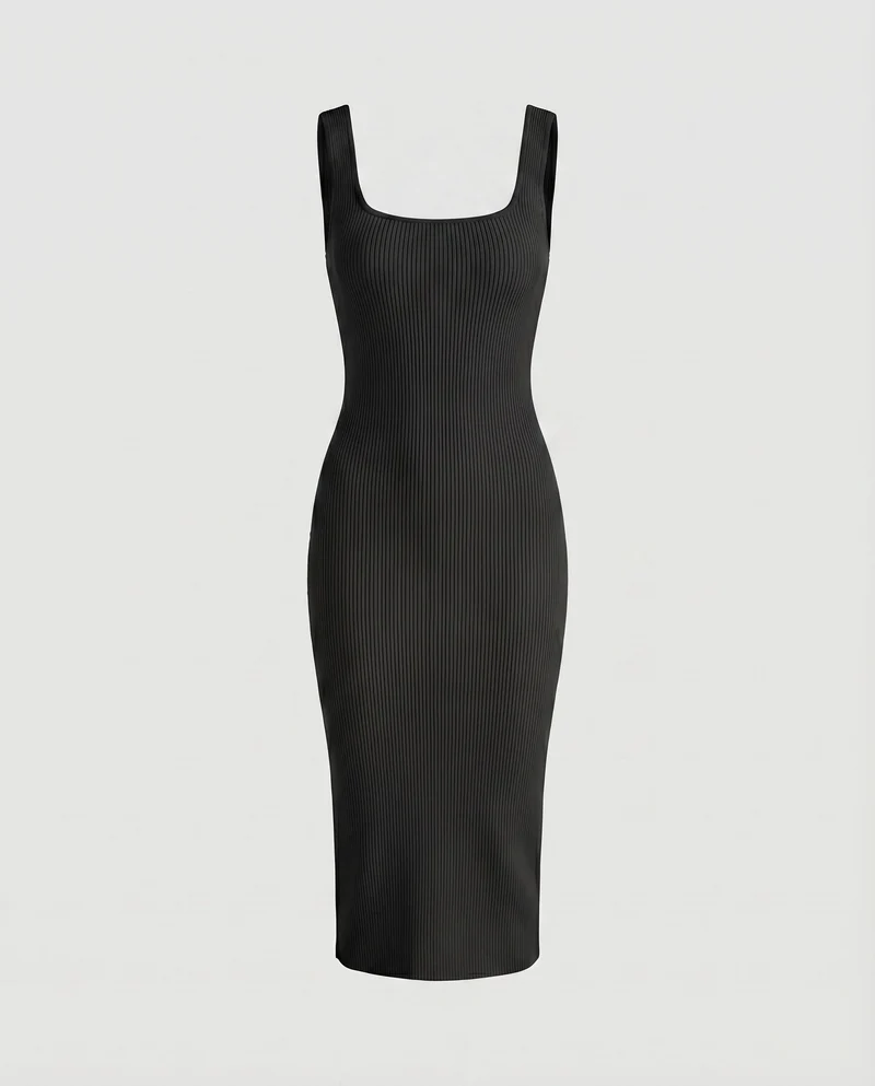 Damen Rippstrick-Midikleid Formende Passform Breite Träger Quadrat-Ausschnitt