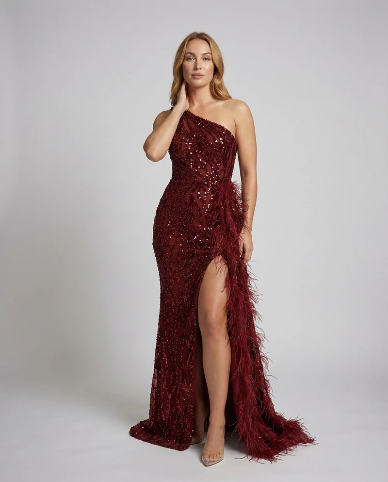 Damen Couture-Abendkleid Asymmetrisch Federschleppe