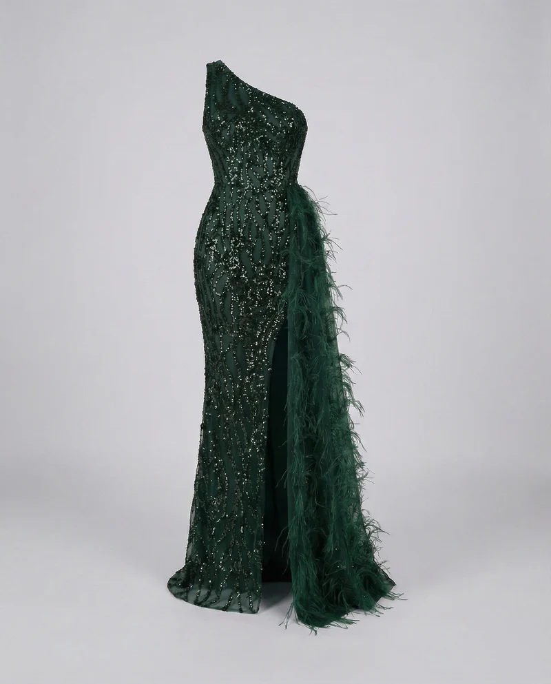 Damen Couture-Abendkleid Asymmetrisch Federschleppe