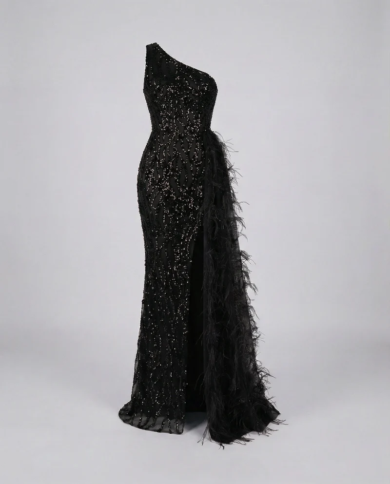 Damen Couture-Abendkleid Asymmetrisch Federschleppe