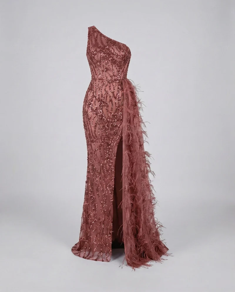 Damen Couture-Abendkleid Asymmetrisch Federschleppe