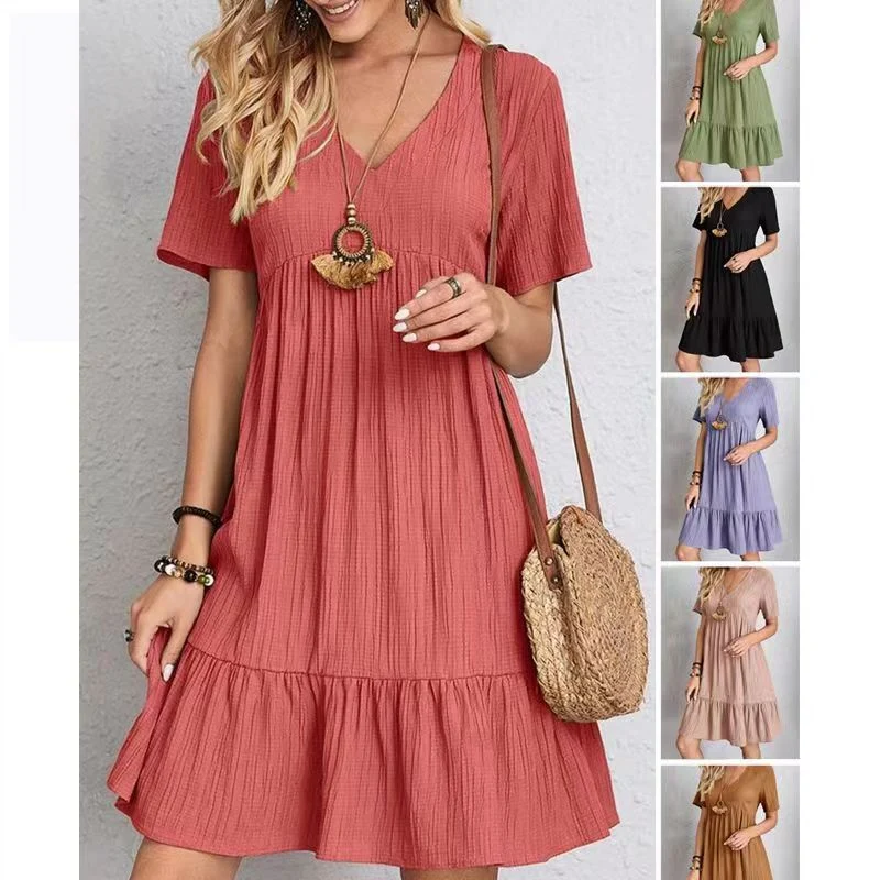 Damen lässiges V-Ausschnitt Kleid mit Schößchen und Rüschendetails