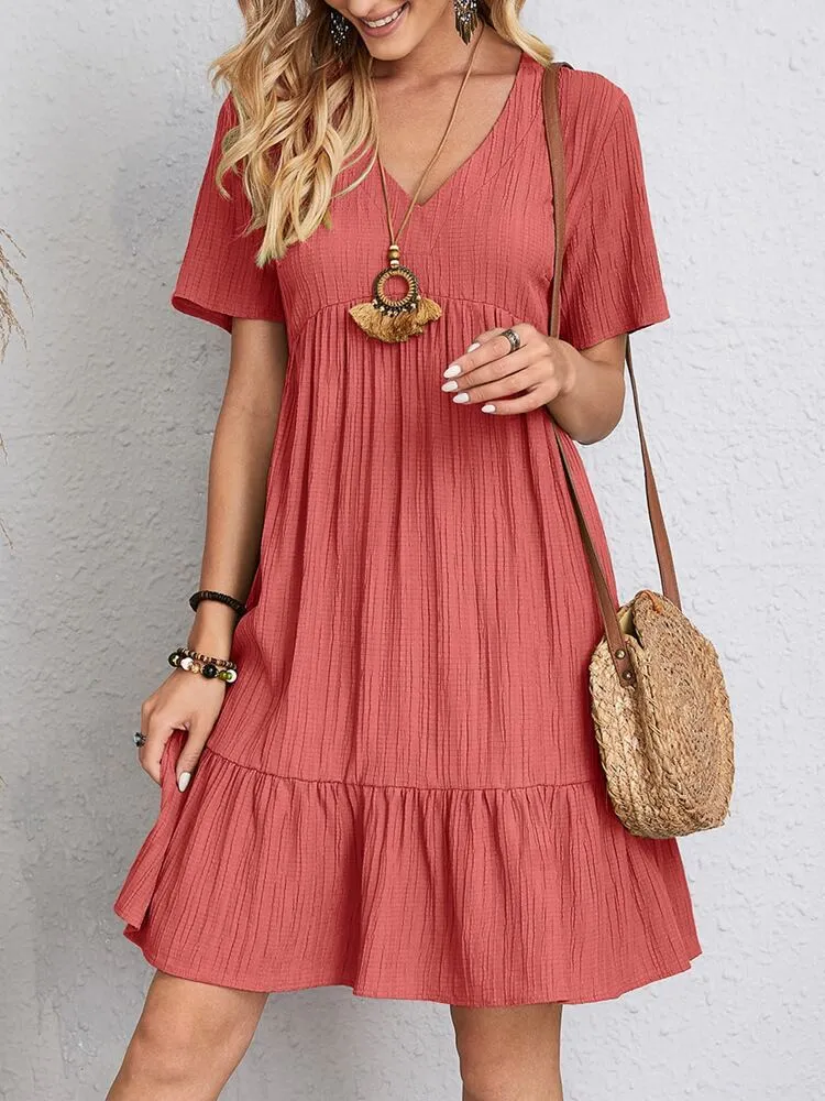 Damen lässiges V-Ausschnitt Kleid mit Schößchen und Rüschendetails