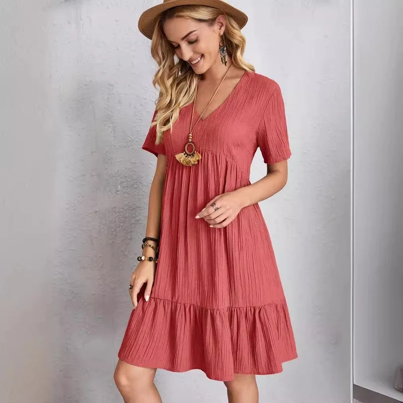 Damen lässiges V-Ausschnitt Kleid mit Schößchen und Rüschendetails