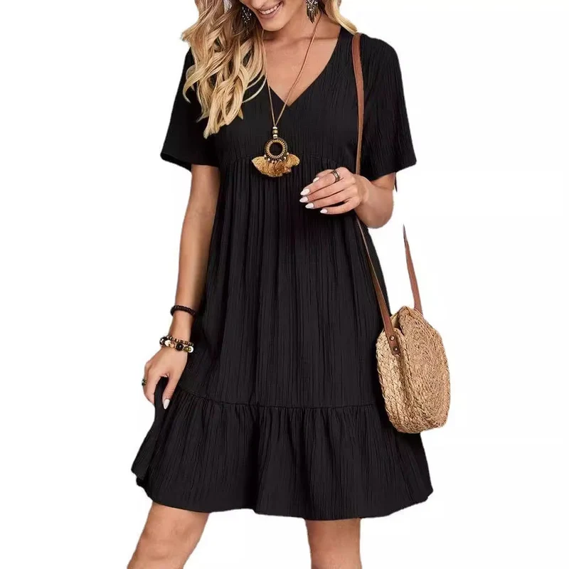 Damen lässiges V-Ausschnitt Kleid mit Schößchen und Rüschendetails