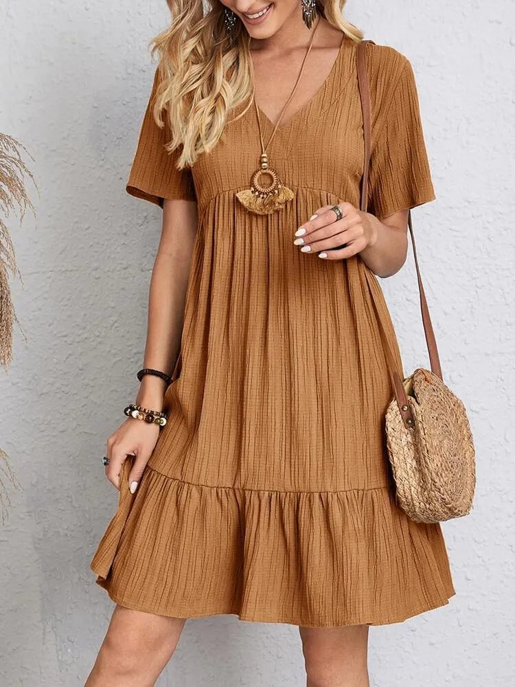 Damen lässiges V-Ausschnitt Kleid mit Schößchen und Rüschendetails