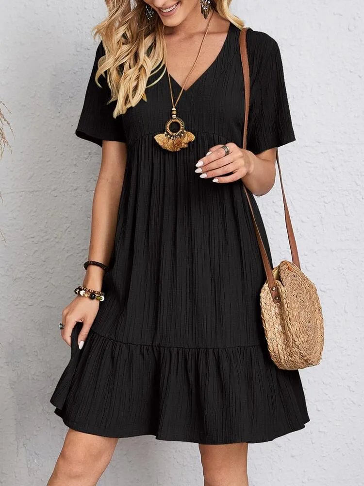 Damen lässiges V-Ausschnitt Kleid mit Schößchen und Rüschendetails