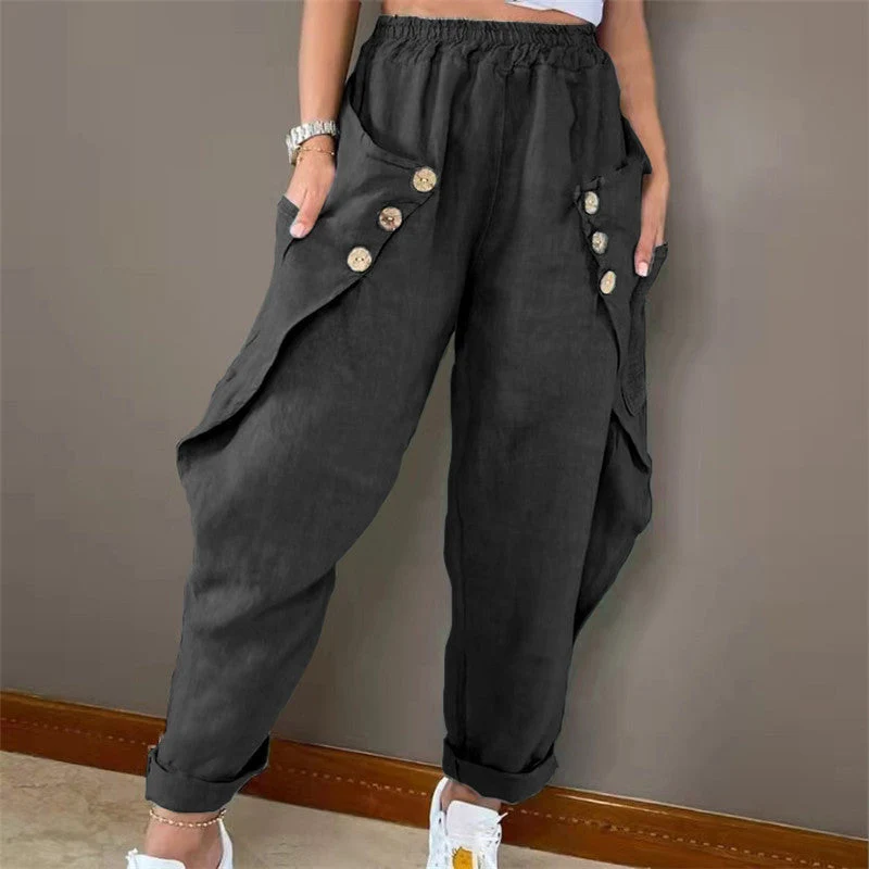 Damen Legere Leinenhose mit Knopfdetails und großen Taschen Nord Taschen