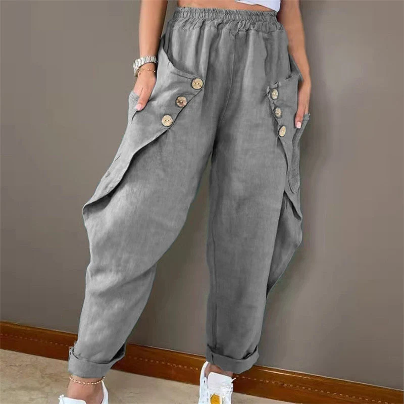 Damen Legere Leinenhose mit Knopfdetails und großen Taschen Nord Taschen